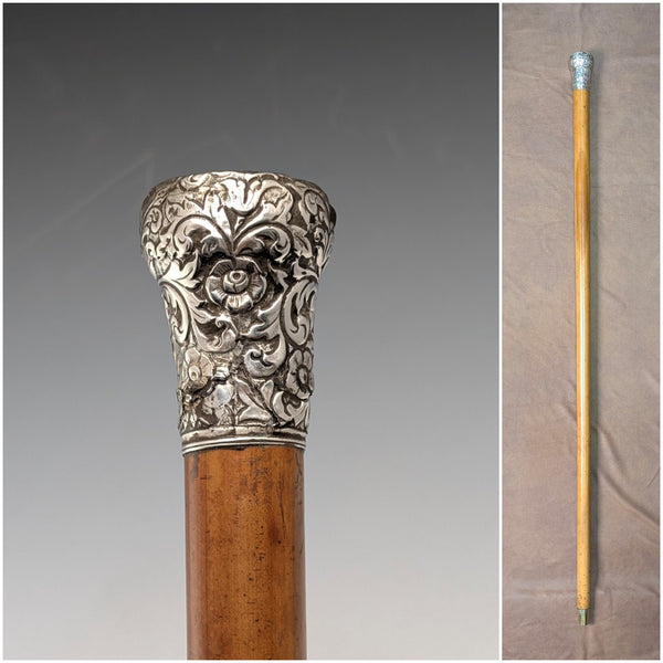 1900年頃 アンティーク マラッカシャフト 純銀製ロンデルハンドル ステッキ 杖 90cm